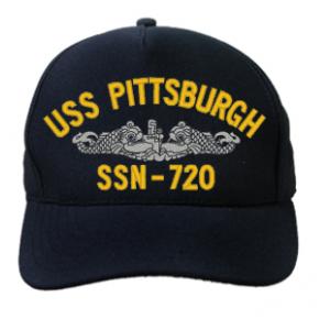 USS Pittsburgh SSN-720 Cap with Silver Emblem (Dark Navy) (Direct Embroidered)