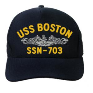 USS Boston SSN-703 Cap with Silver Emblem (Dark Navy) (Direct Embroidered)