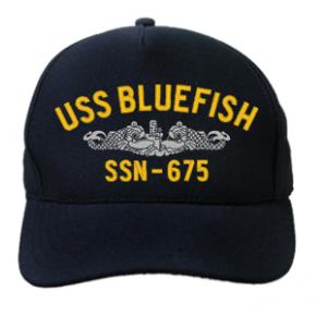 USS Bluefish SSN-675 Cap with Silver Emblem (Dark Navy) (Direct Embroidered)