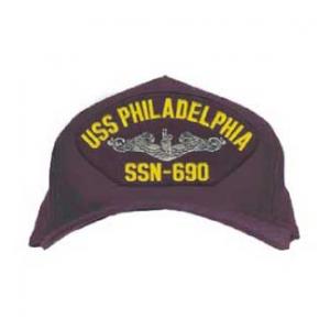 USS Philadelphia SSN-690 Cap with Silver Emblem (Dark Navy) (Direct Embroidered)