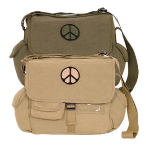 Retro Messenger Shoulder Bag with Peace Sign Patch