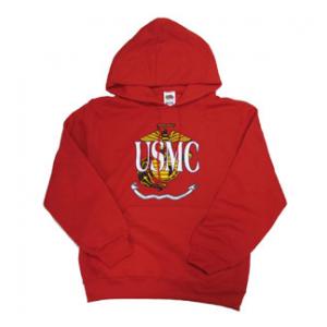 Marine Hooded Long Sleeve Sweatshirt (Red) U.S.M.C. in front of Globe and Anchor