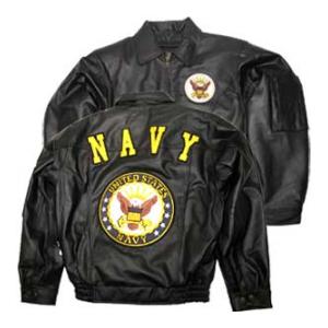 Navy Black Leather Jacket W/ Insignia