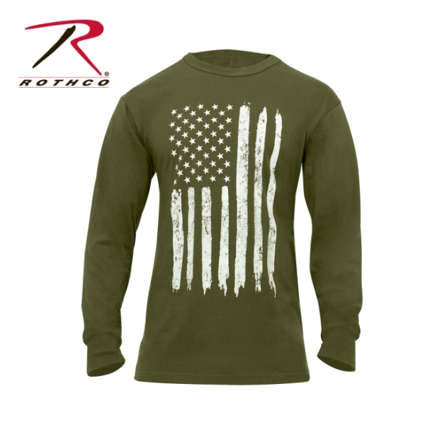 Rothco Distressed Flag Long Sleeve T-Shirt (Olive Drab Green-White)