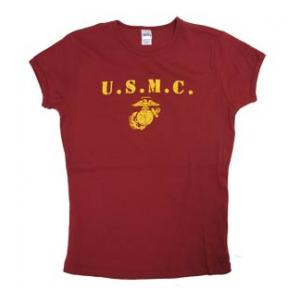 U.S.M.C. Distressed Women's Baby Doll T-Shirt (Red)