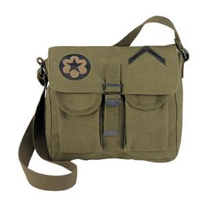 Olive Drab Vintage Ammo Shoulder Bag with Military Patches