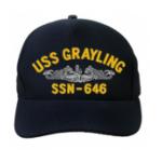 USS Grayling SSN-646 Cap with Silver Emblem (Dark Navy) (Direct Embroidered)