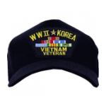 World War II, Korea, Vietnam Veteran Cap w/ 6 Ribbons (Dark Navy)