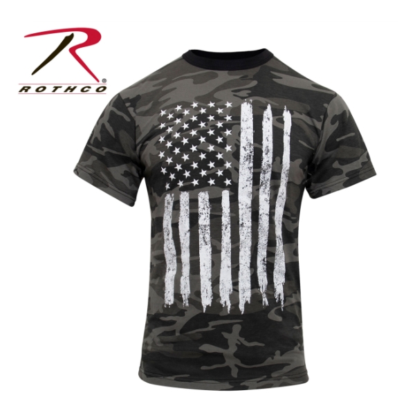 Rothco Distressed Flag Athletic Fit Short Sleeve T-Shirt (Black Camo-White)