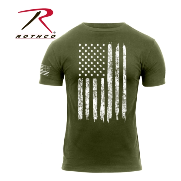 Rothco Distressed Flag Athletic Fit Short Sleeve T-Shirt (Olive Drab Green-White)